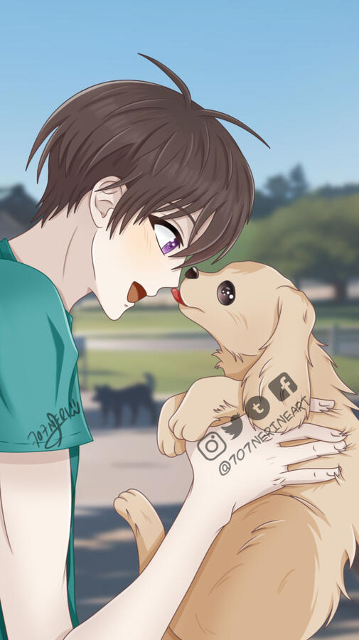 Original work illustrating a boy with a dog.